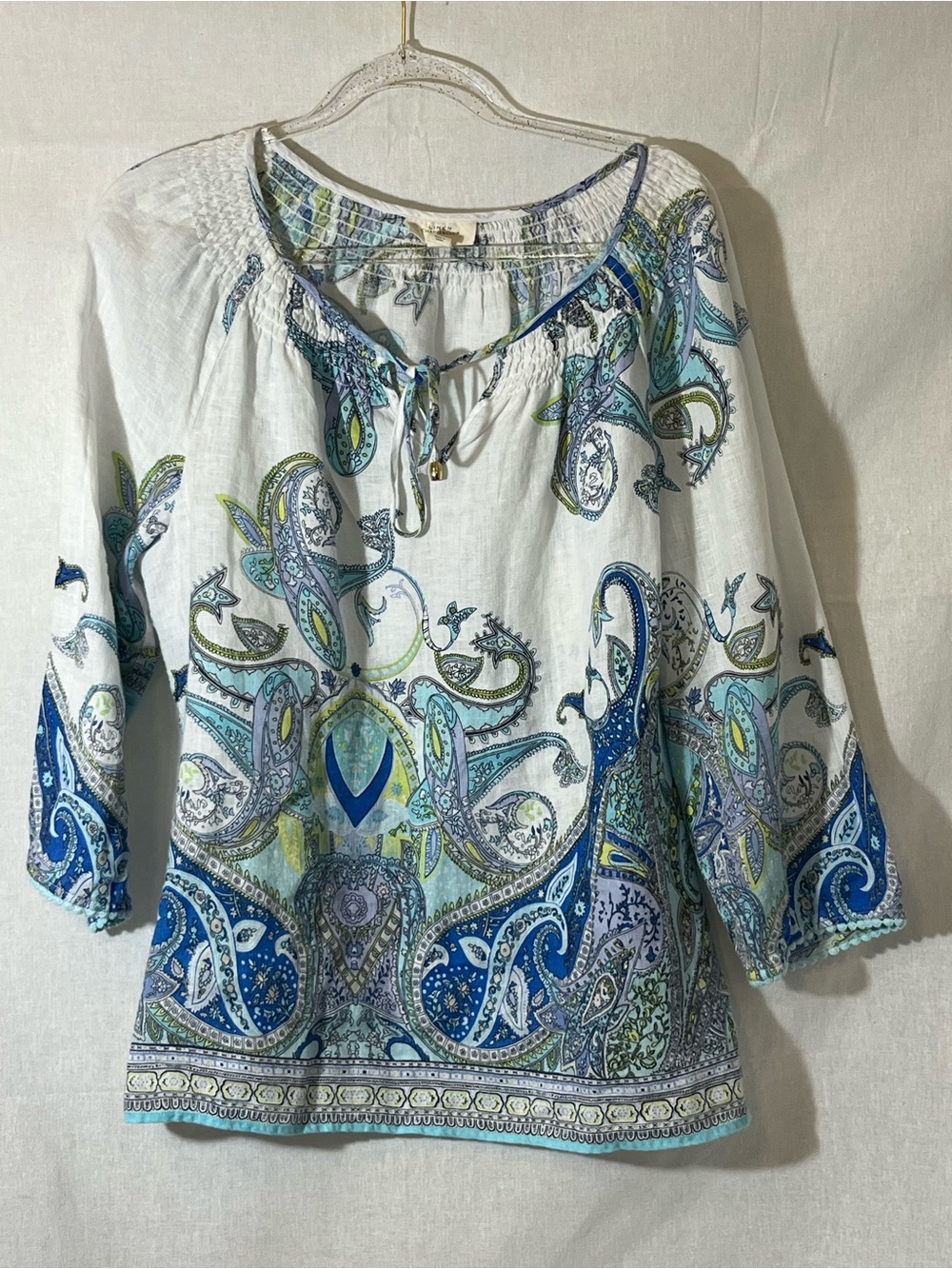Women’s Large Paisley Peasant Top 100% Linen Lightweight Career Workwear Coastal
